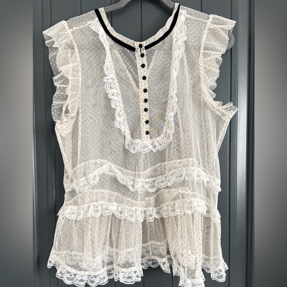 Anthropologie Ivory Lace Ruffle Sheer Blouse with Black Trim